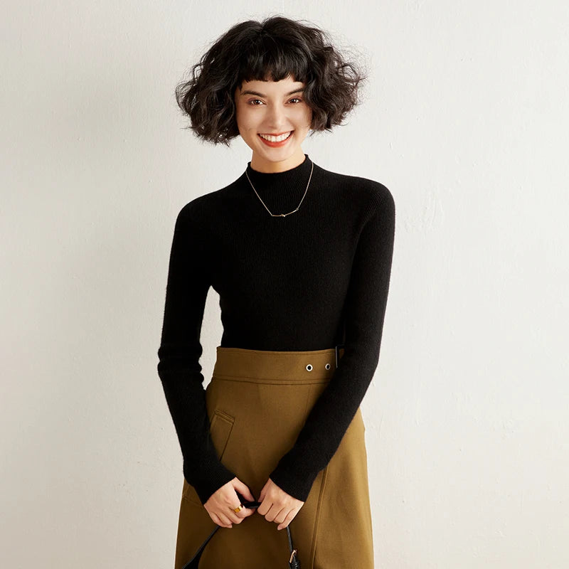 ADDONEE Women's 100% Cashmere Sweater Mock Necl Long Sleeve Slim Basic Pullover Autumn Winter Soft Warm Cashmere Knitwear Tops