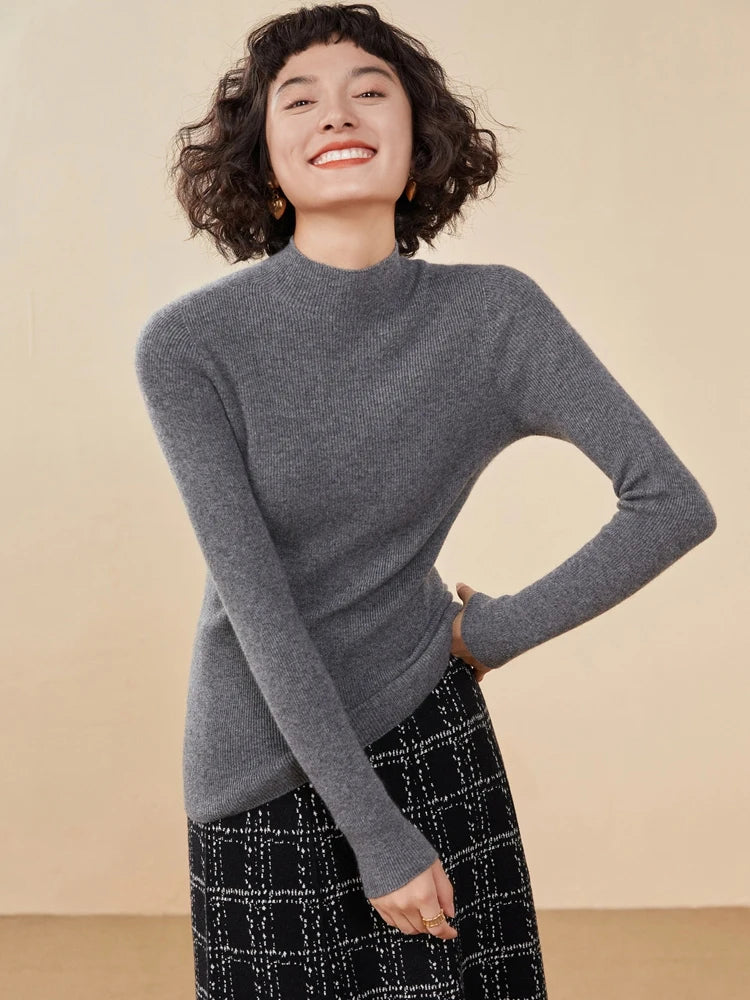 ADDONEE Women's 100% Cashmere Sweater Mock Necl Long Sleeve Slim Basic Pullover Autumn Winter Soft Warm Cashmere Knitwear Tops