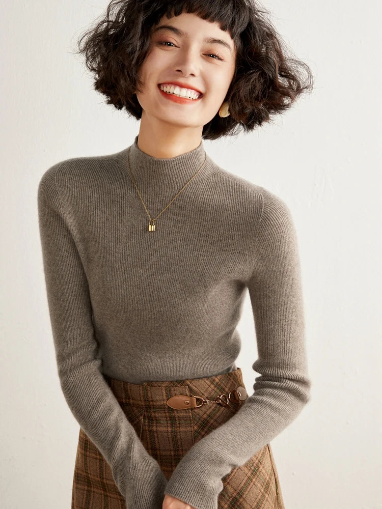 ADDONEE Women's 100% Cashmere Sweater Mock Necl Long Sleeve Slim Basic Pullover Autumn Winter Soft Warm Cashmere Knitwear Tops