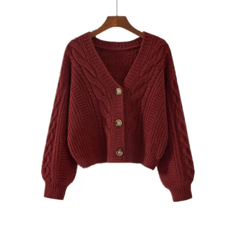 Women's Short Sweaters Cardigan Solid Color Vintage Twist V-Neck Knitted Cardigans Autumn Winter New Long Sleeve Button Sweater
