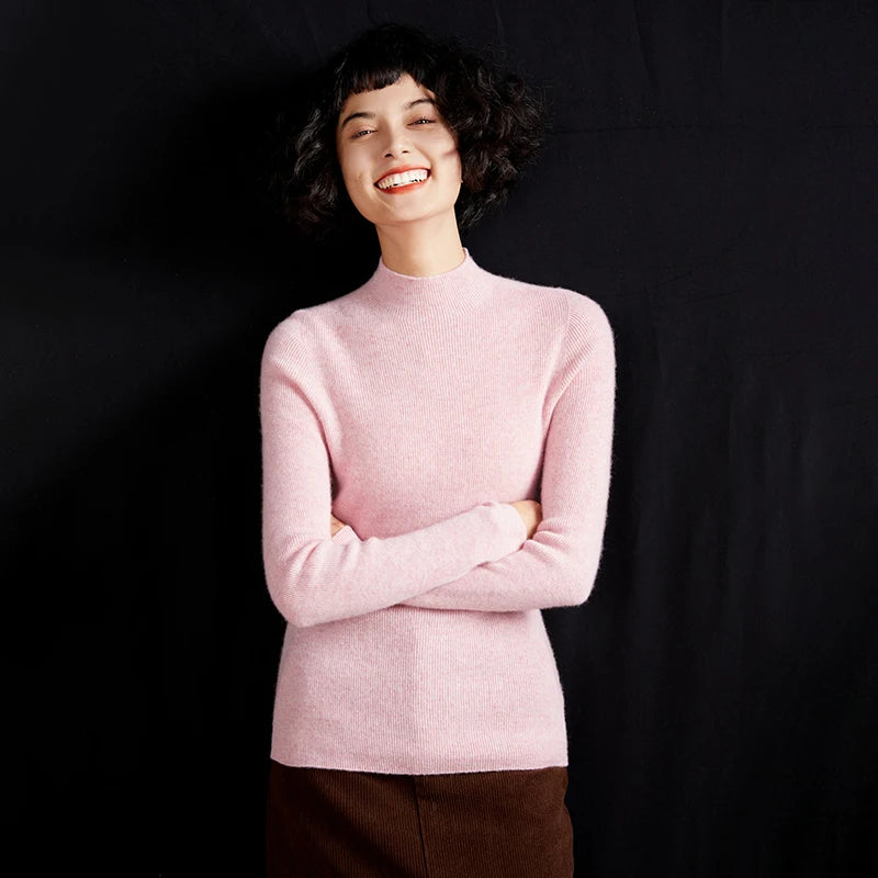 ADDONEE Women's 100% Cashmere Sweater Mock Necl Long Sleeve Slim Basic Pullover Autumn Winter Soft Warm Cashmere Knitwear Tops