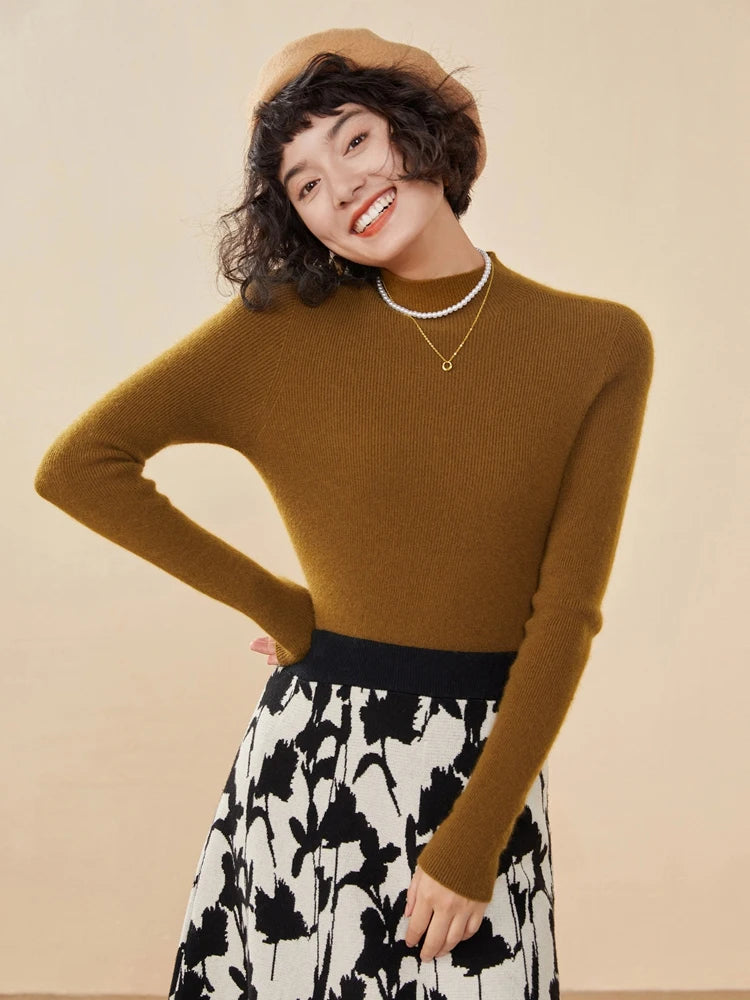 ADDONEE Women's 100% Cashmere Sweater Mock Necl Long Sleeve Slim Basic Pullover Autumn Winter Soft Warm Cashmere Knitwear Tops