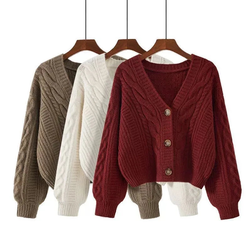 Women's Short Sweaters Cardigan Solid Color Vintage Twist V-Neck Knitted Cardigans Autumn Winter New Long Sleeve Button Sweater