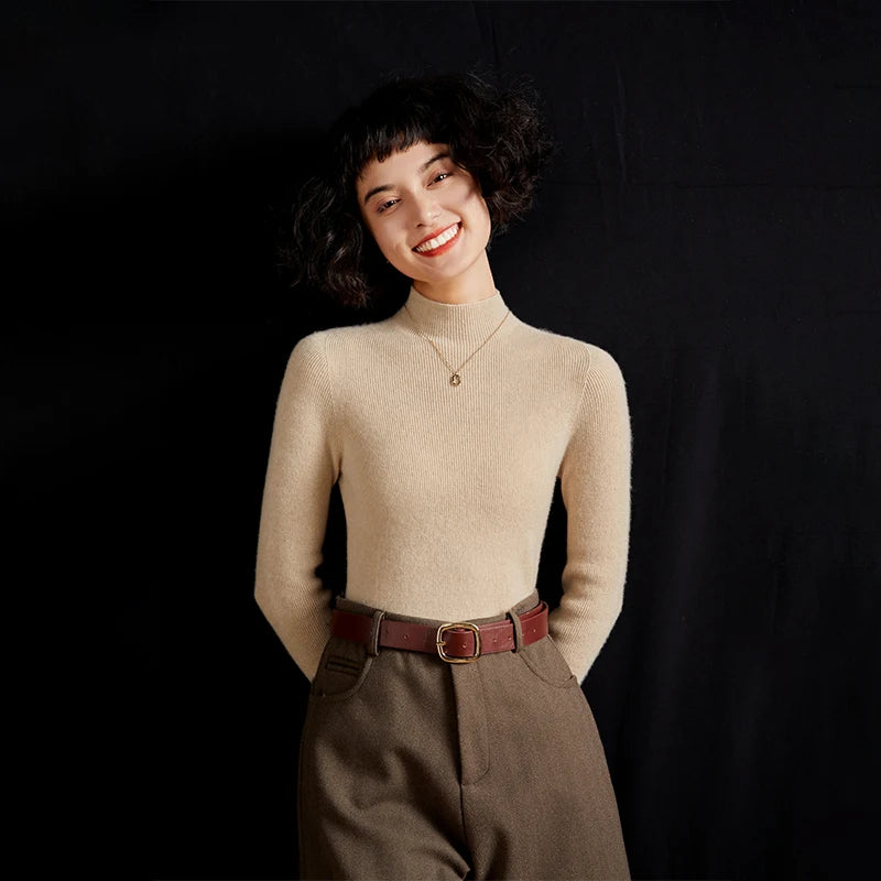 ADDONEE Women's 100% Cashmere Sweater Mock Necl Long Sleeve Slim Basic Pullover Autumn Winter Soft Warm Cashmere Knitwear Tops