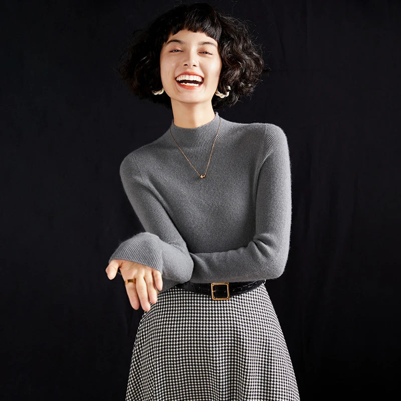 ADDONEE Women's 100% Cashmere Sweater Mock Necl Long Sleeve Slim Basic Pullover Autumn Winter Soft Warm Cashmere Knitwear Tops