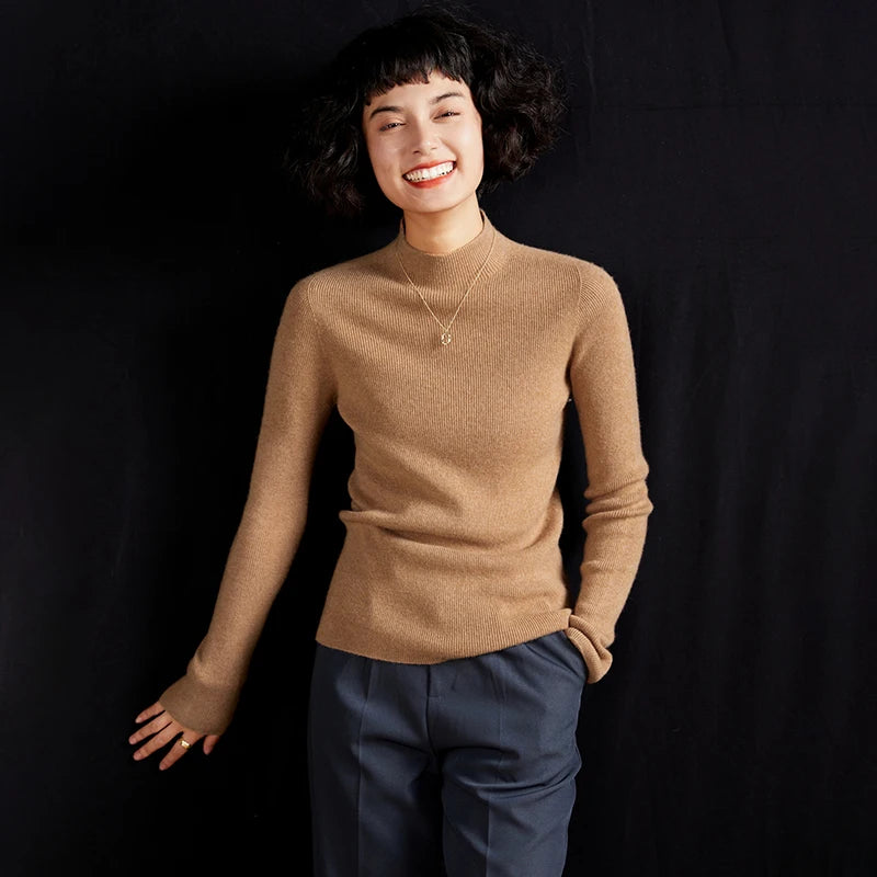 ADDONEE Women's 100% Cashmere Sweater Mock Necl Long Sleeve Slim Basic Pullover Autumn Winter Soft Warm Cashmere Knitwear Tops