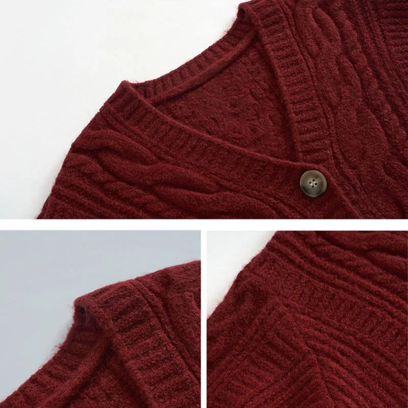 Women's Short Sweaters Cardigan Solid Color Vintage Twist V-Neck Knitted Cardigans Autumn Winter New Long Sleeve Button Sweater