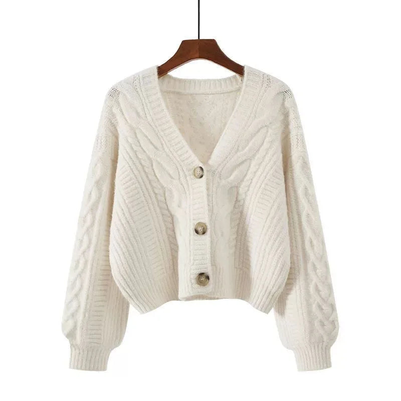 Women's Short Sweaters Cardigan Solid Color Vintage Twist V-Neck Knitted Cardigans Autumn Winter New Long Sleeve Button Sweater