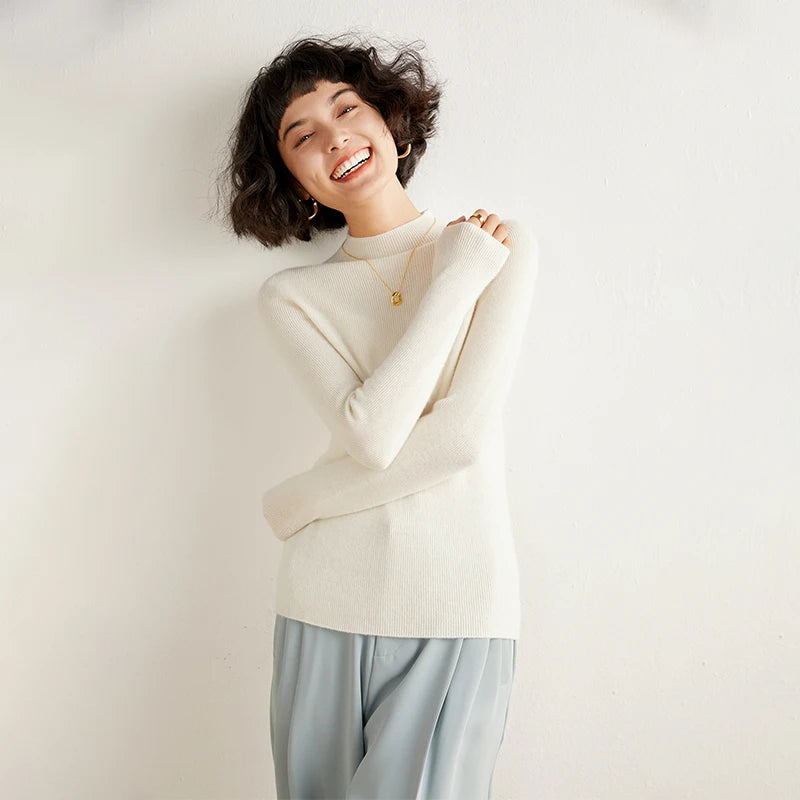 ADDONEE Women's 100% Cashmere Sweater Mock Necl Long Sleeve Slim Basic Pullover Autumn Winter Soft Warm Cashmere Knitwear Tops