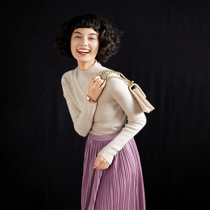 ADDONEE Women's 100% Cashmere Sweater Mock Necl Long Sleeve Slim Basic Pullover Autumn Winter Soft Warm Cashmere Knitwear Tops