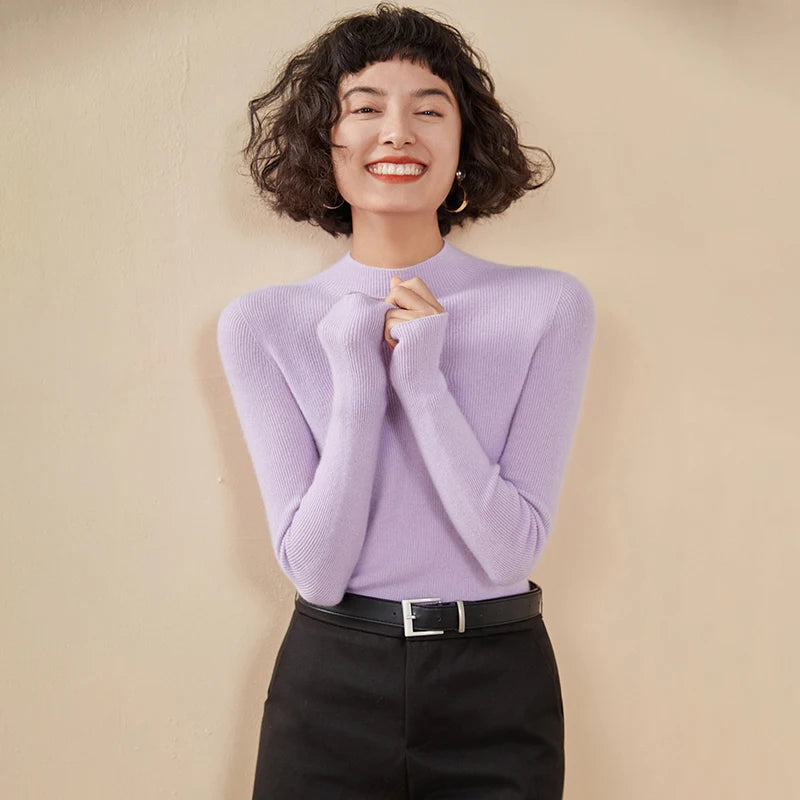 ADDONEE Women's 100% Cashmere Sweater Mock Necl Long Sleeve Slim Basic Pullover Autumn Winter Soft Warm Cashmere Knitwear Tops