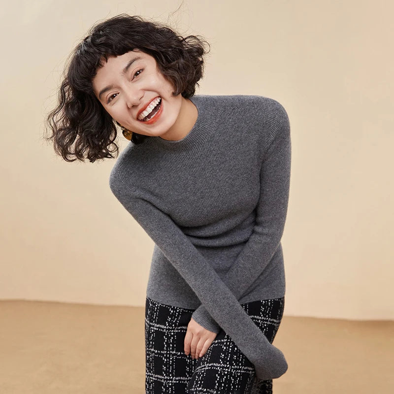 ADDONEE Women's 100% Cashmere Sweater Mock Necl Long Sleeve Slim Basic Pullover Autumn Winter Soft Warm Cashmere Knitwear Tops