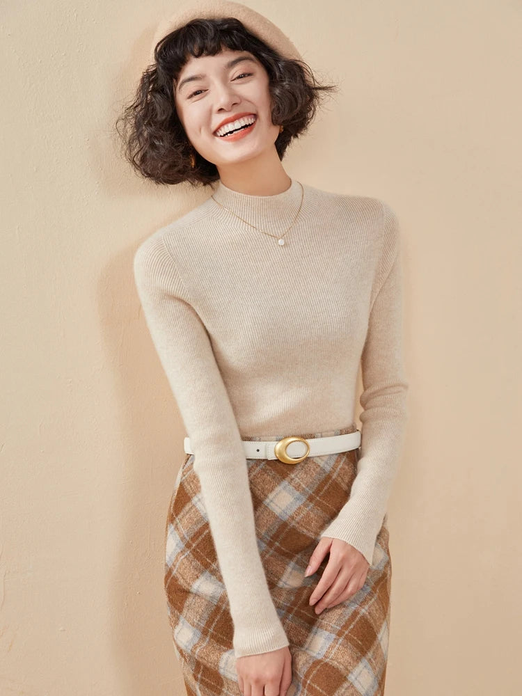 ADDONEE Women's 100% Cashmere Sweater Mock Necl Long Sleeve Slim Basic Pullover Autumn Winter Soft Warm Cashmere Knitwear Tops