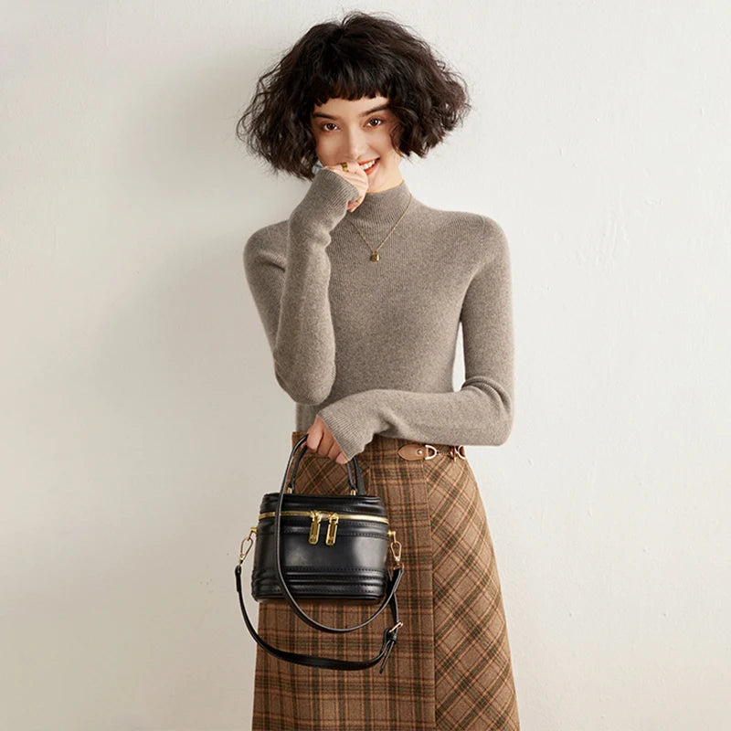 ADDONEE Women's 100% Cashmere Sweater Mock Necl Long Sleeve Slim Basic Pullover Autumn Winter Soft Warm Cashmere Knitwear Tops