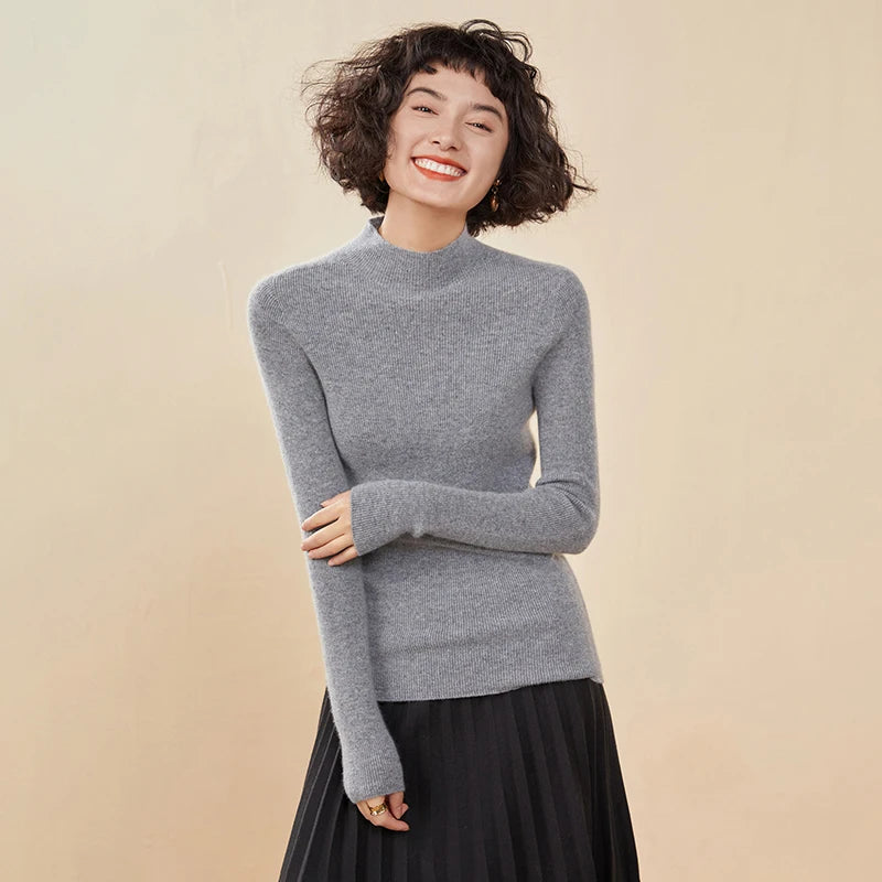 ADDONEE Women's 100% Cashmere Sweater Mock Necl Long Sleeve Slim Basic Pullover Autumn Winter Soft Warm Cashmere Knitwear Tops