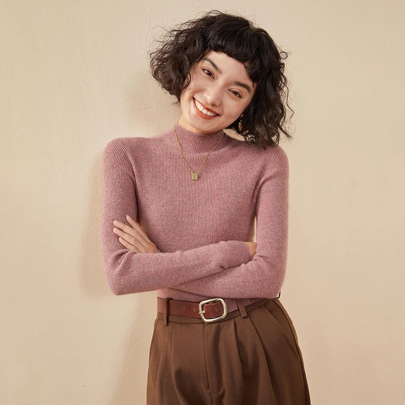 ADDONEE Women's 100% Cashmere Sweater Mock Necl Long Sleeve Slim Basic Pullover Autumn Winter Soft Warm Cashmere Knitwear Tops