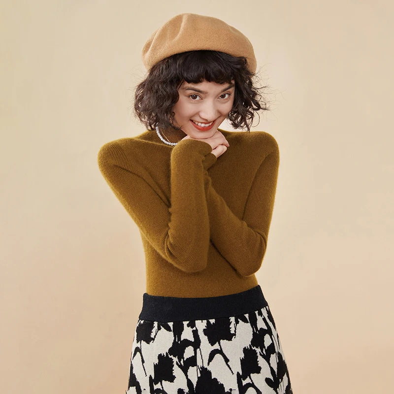 ADDONEE Women's 100% Cashmere Sweater Mock Necl Long Sleeve Slim Basic Pullover Autumn Winter Soft Warm Cashmere Knitwear Tops