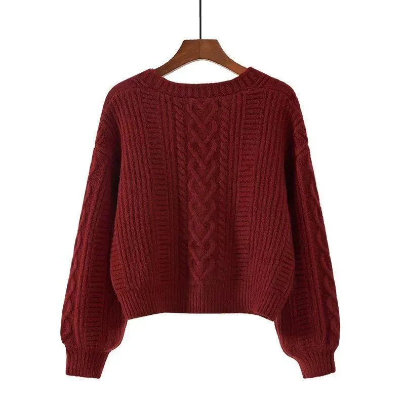 Women's Short Sweaters Cardigan Solid Color Vintage Twist V-Neck Knitted Cardigans Autumn Winter New Long Sleeve Button Sweater