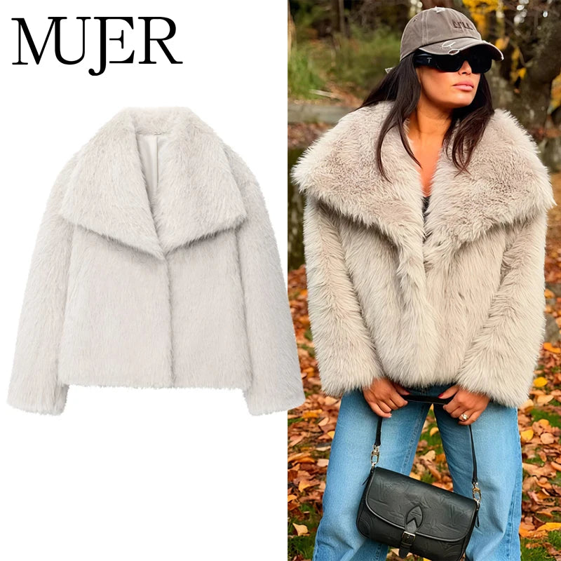 MUJER Faux Fur Coat Plush Fluffy