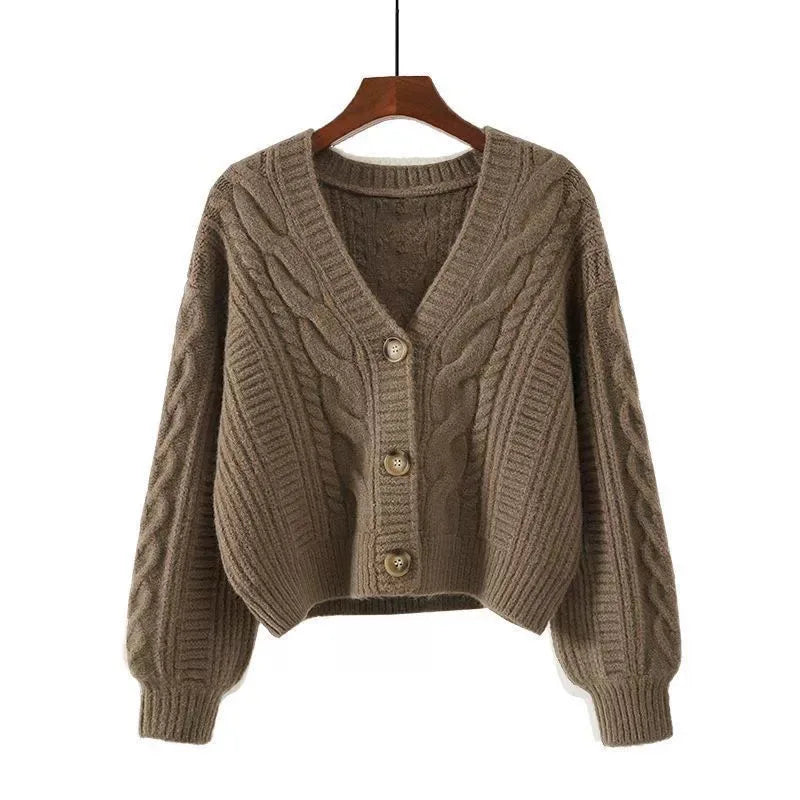 Women's Short Sweaters Cardigan Solid Color Vintage Twist V-Neck Knitted Cardigans Autumn Winter New Long Sleeve Button Sweater